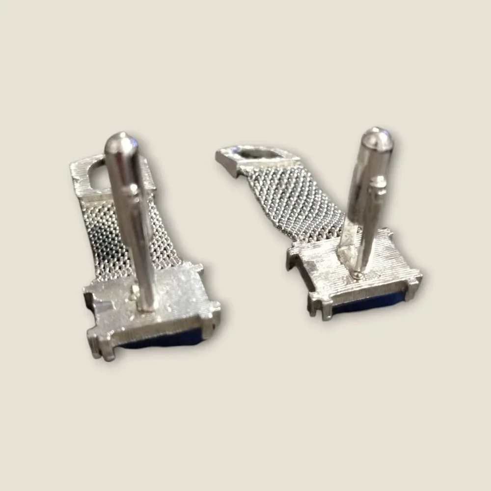 Vintage Estate Silver Tone & Blue Mesh Cufflinks